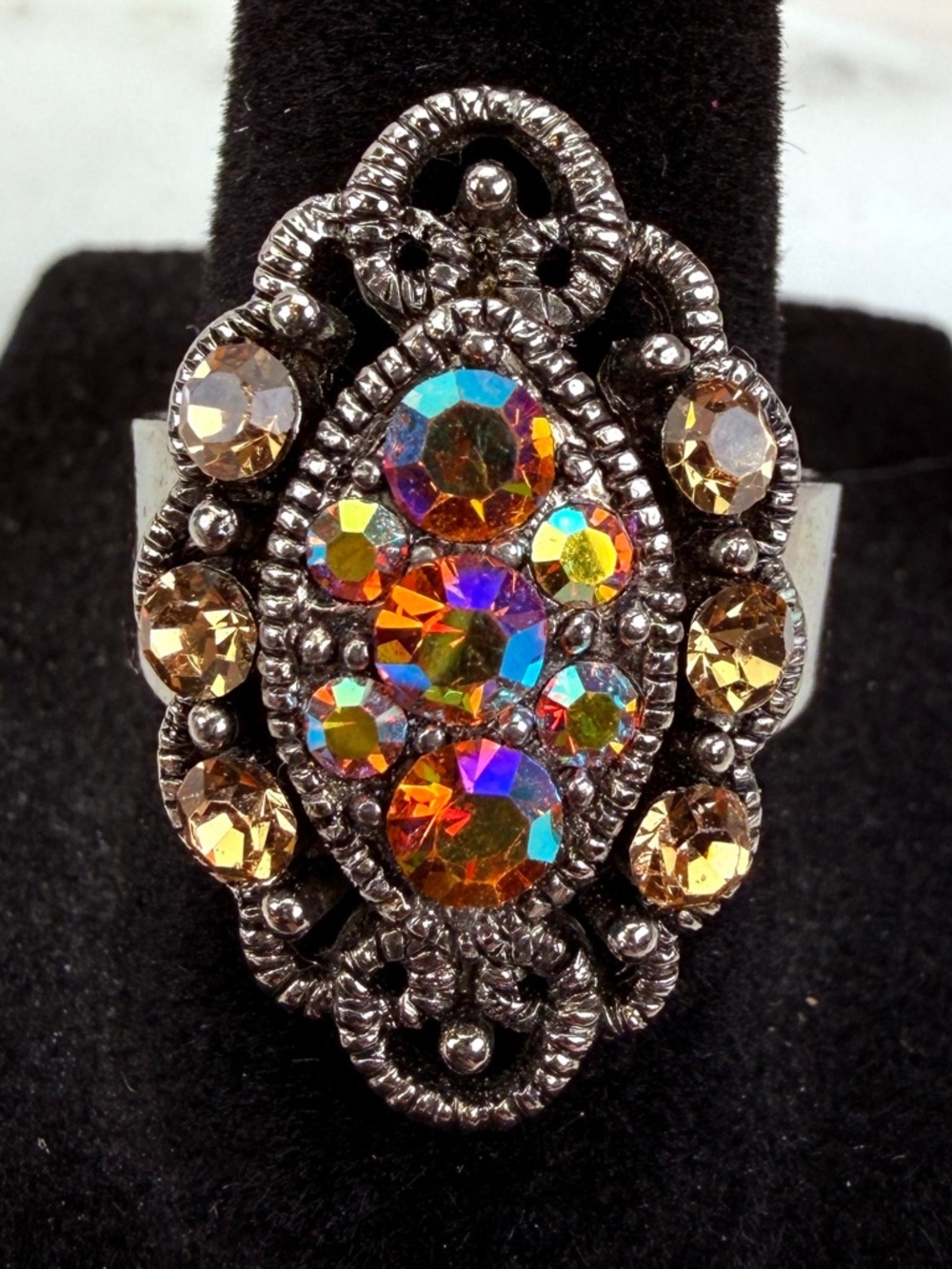 Vintage Silvertone iridescent bling size 8 1/2 adjustable statement Ring